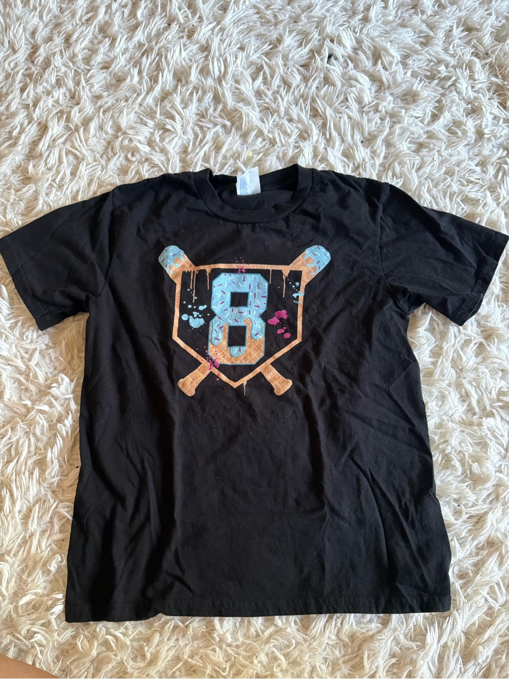 Port and Company Black Kids Short Sleeve Tee with Blue Number 8 and Tan Bats